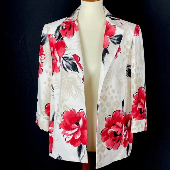 Alfred Dunner 3/4 Sleeve Blazer Sz 14 Red Floral Leopard Artsy Office Mature - Picture 1 of 6
